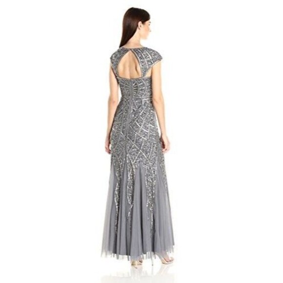 Adrianna Papell Long Beaded Mesh Dress Womens 10 Sterling Grey Silver $298 - Picture 3 of 14
